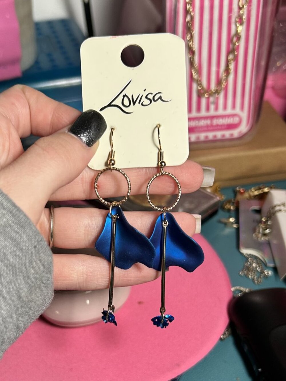 Lovisa Royal Blue Flower Petal Drop Earrings Gold Boho Statement NWT